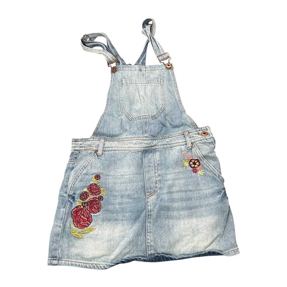 Forever 21 Floral Embroidered Denim Overall Dress Light Wash Blue Mini Skirt S